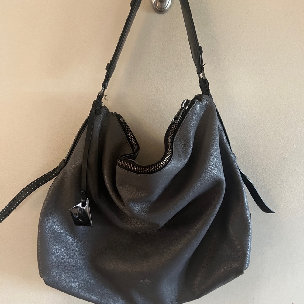 Bolklier Pebbled Leather Studded Hobo Bag – Gray & Black